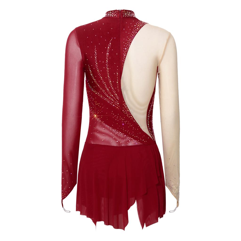 Damen Funkelndes Strass-Trikotkleid Durchsichtiges Netz Langarm Rollkragen Farbblockierung Asymmetrischer Saum für Eiskunstlauf Lateinische Performance