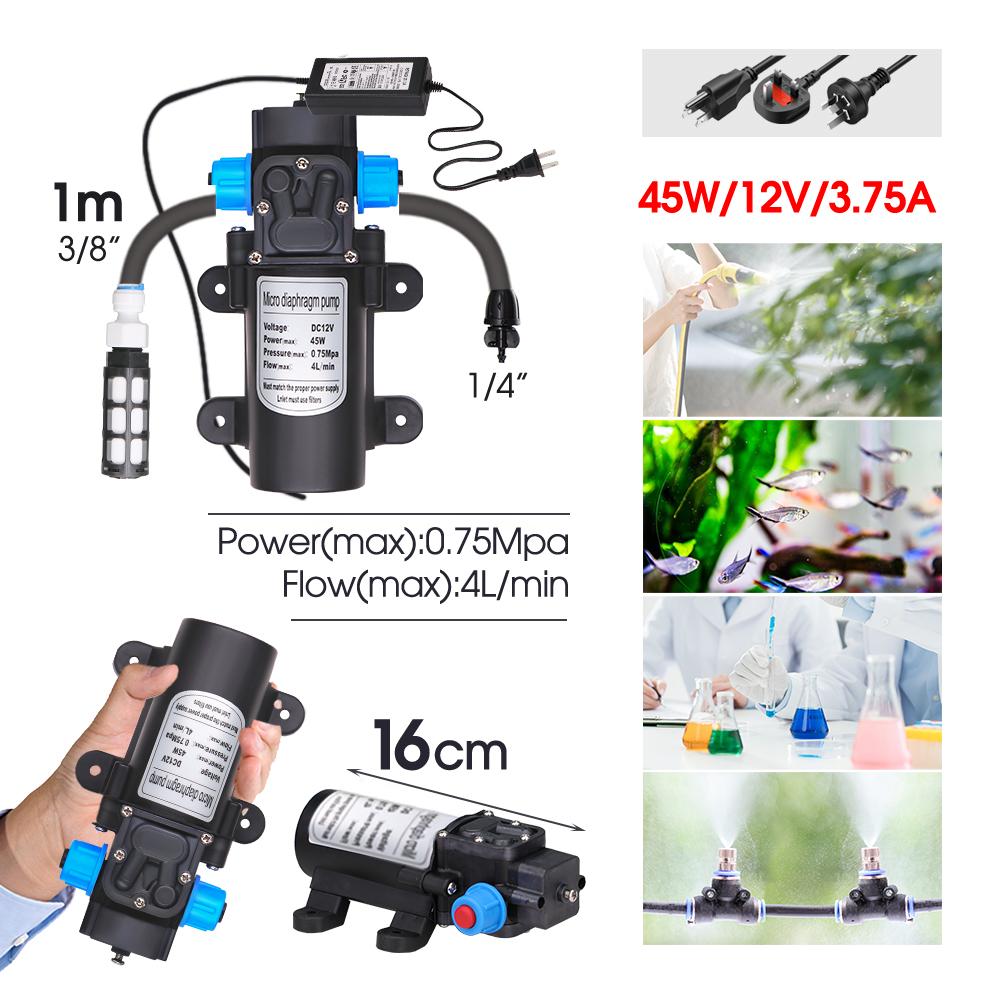 45W Pump Garden Irrigation Kit 0.6mm Misting Cooling System Self-priming 110-240V Power Supply Fine Atomization Sprayer Fittings