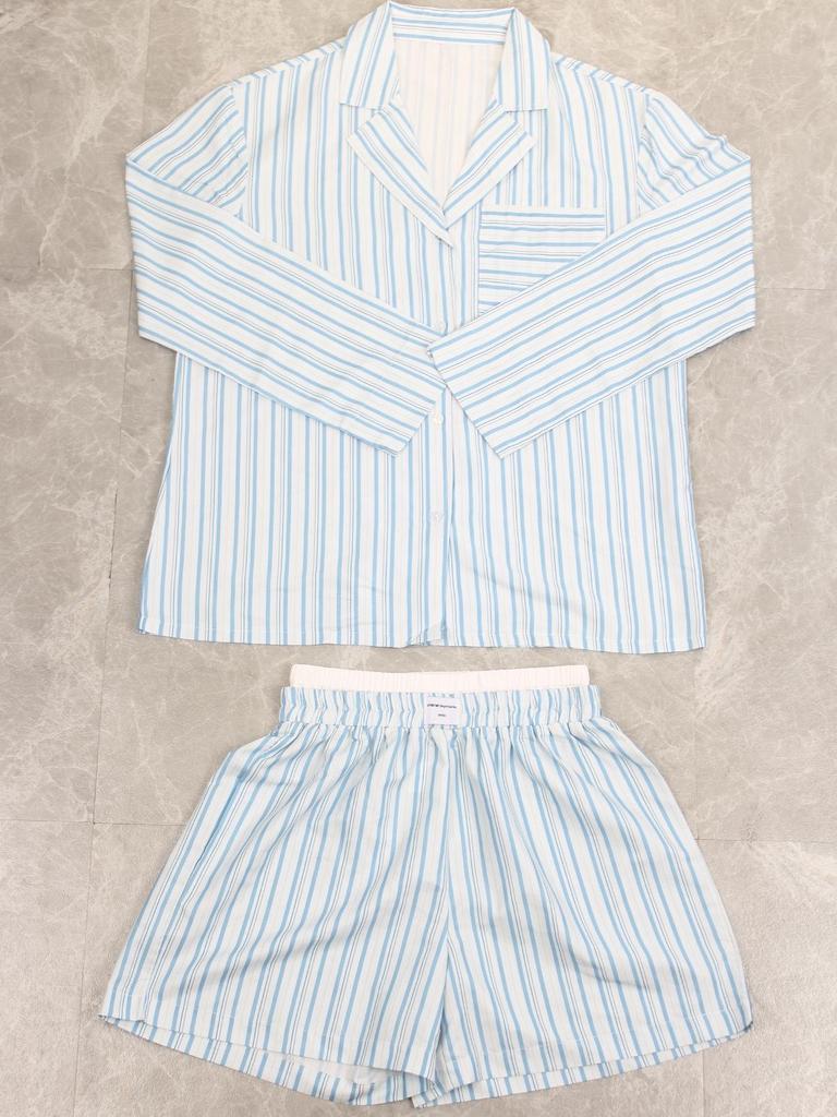 European & American Striped Shirt and Shorts Casual Suit - Women's Spring/Autumn Two-Piece Pajama Set