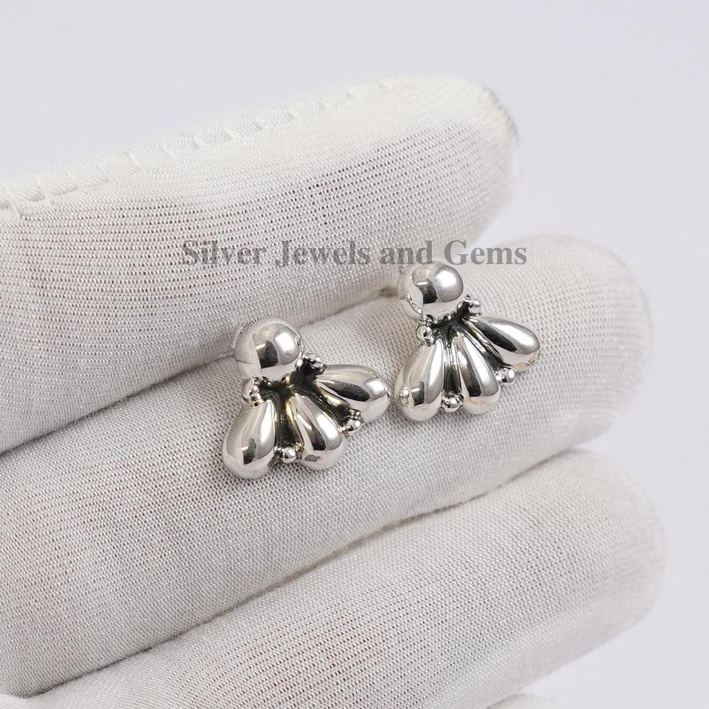 Handmade Puffed Sterling Silver Stud Earrings, Dainty Design
