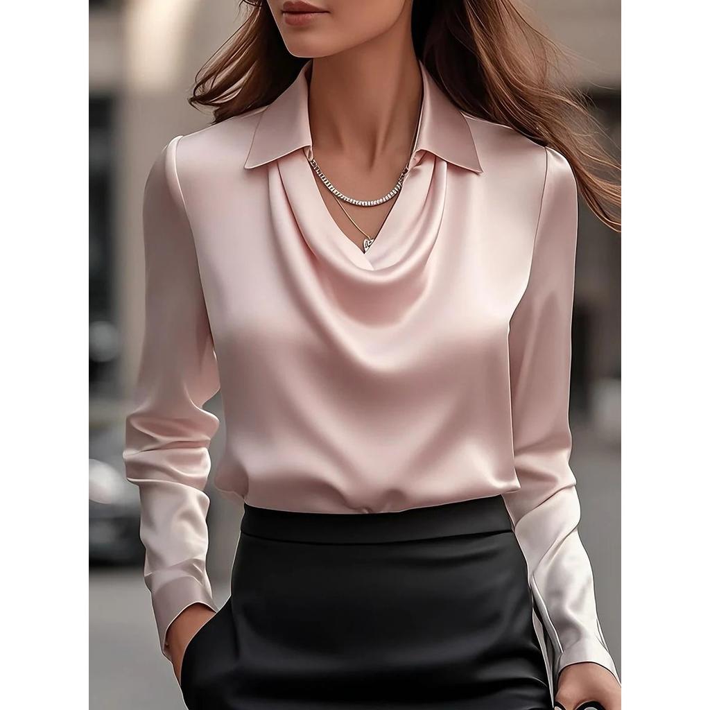 Elegant White Satin Pendant Collar T-shirt -100% Polyester Fiber, Suitable for Casual and Professional Wear, Comfortable All Season Long
