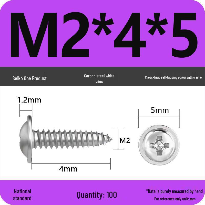 PWA Nickel-Plated Carbon Steel Self-Tapping Screws with Washer, White Zinc Cross Head, Pointed Tail, Sizes: 1.6/1.8/2/2.5