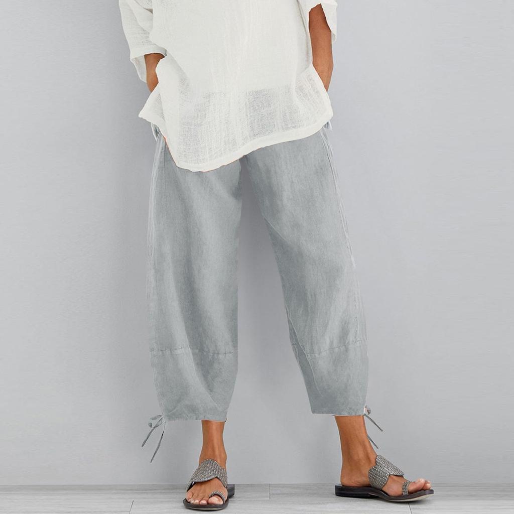 Hosen für Damen, lässig, Sommer, einfarbig, elastisch, hohe Taille, Baumwolle und Leinen, lockere Hosen, Crop-Hose