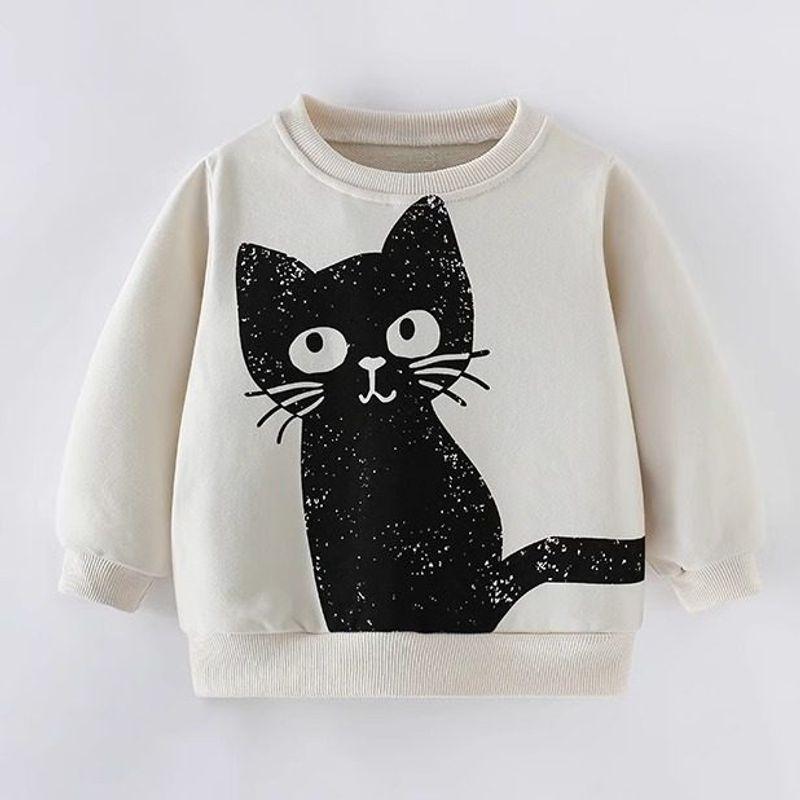 Girls' Off-White Cat Sweatshirt, Spring and Autumn 2025 New Style, Stylish Baby Girl Top, Autumn Clothing, Children's Pullover