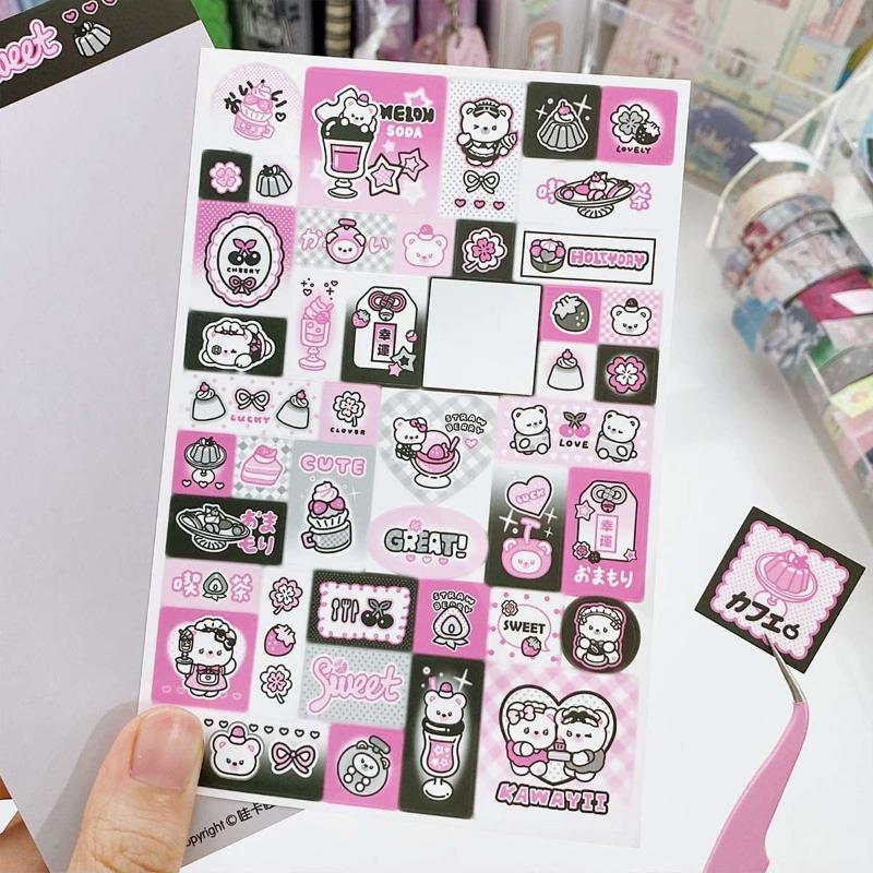 Retro Love Song Sticker Set Cute Pink Ribbon & Black Material Decals for Scrapbooking Journal Laptop Phone Case DIY
