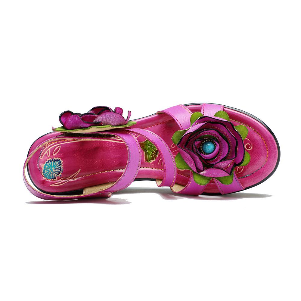 Johnature Vintage-Blumen-bequeme Sommer-Wedges-Sandalen aus echtem Leder, handgefertigt, ethnischer Stil, Damenschuhe