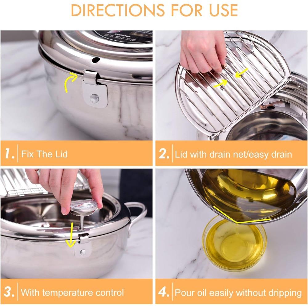 304 Stainless Steel Deep Fryer Pot with Lid Tempura Fry Pot Tempura Deep Fryer with Thermometer Control and Oil Drain