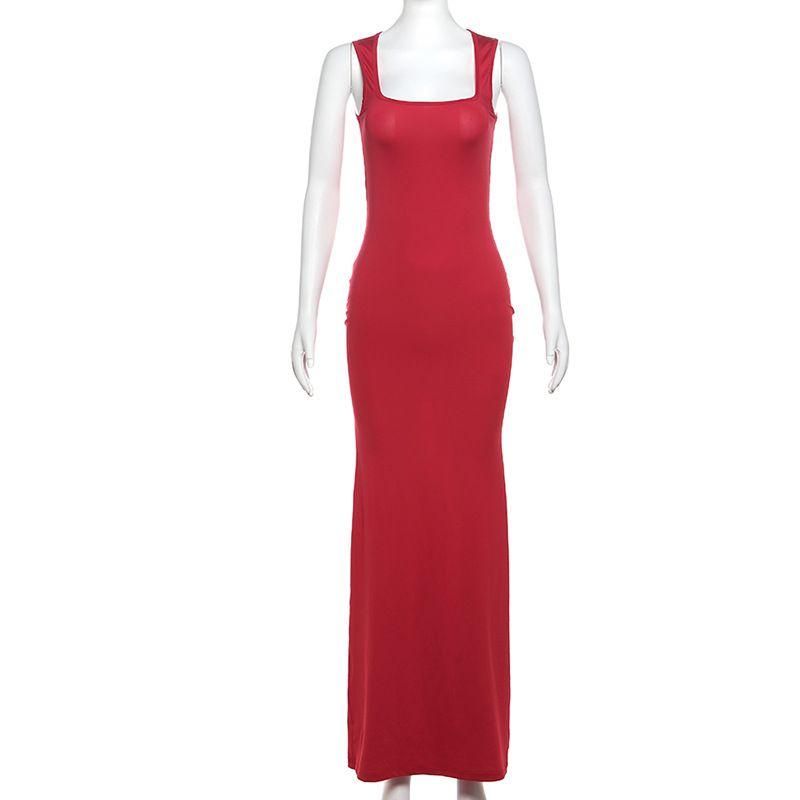 

Outfitgirl Minimalist Elegant Sexy Daily Slim Fit Sheath Dress Fancy Square Collar Sleeveless Dress Red S