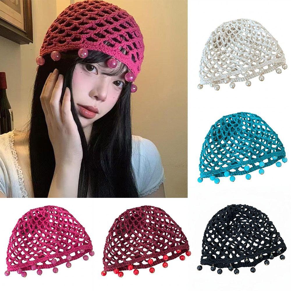 Pearl Fringed Crochet Hat Hollowed Out Beret Cap Breathable Beanies Cap  Bride Headpiece