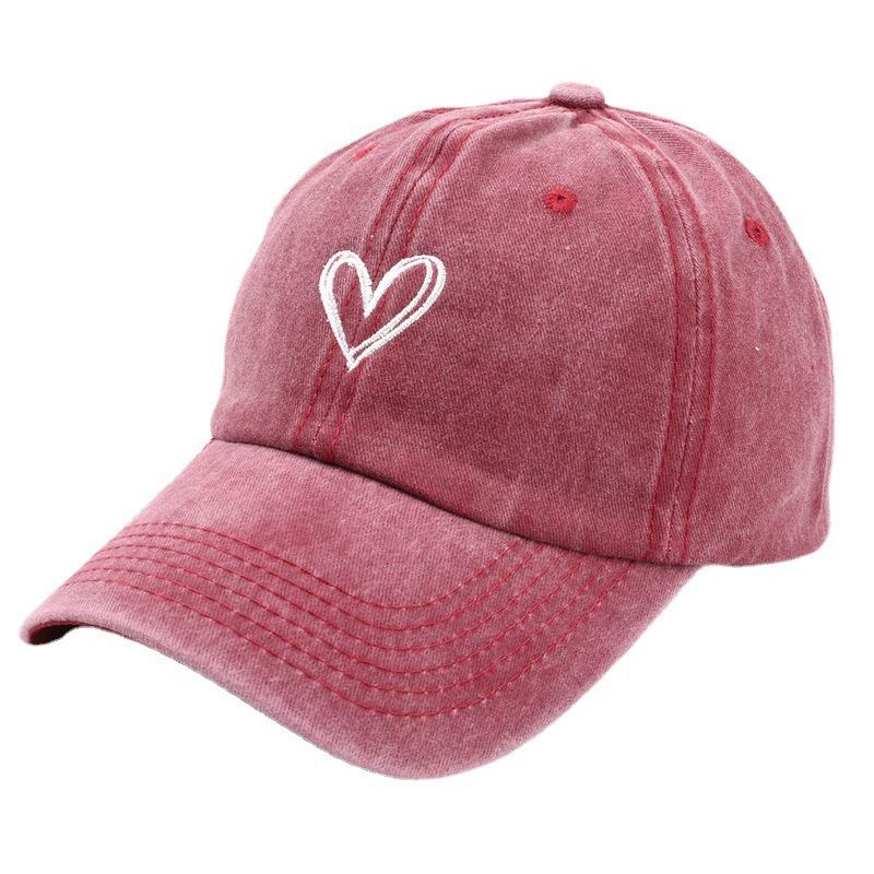 All-match Peach Heart Embroidery Washing Old Spring and Summer Baseball Hat for Women Korean Style Thin Couple Soft Top Baseball Cap Men's Trendy