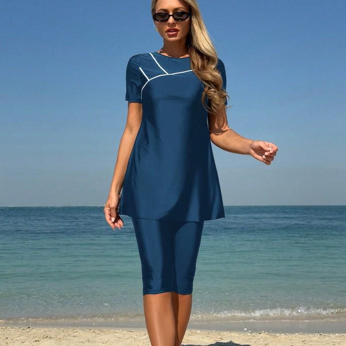 2026 Women's Short Sleeve Knee-Length Split Tankini Swimsuit