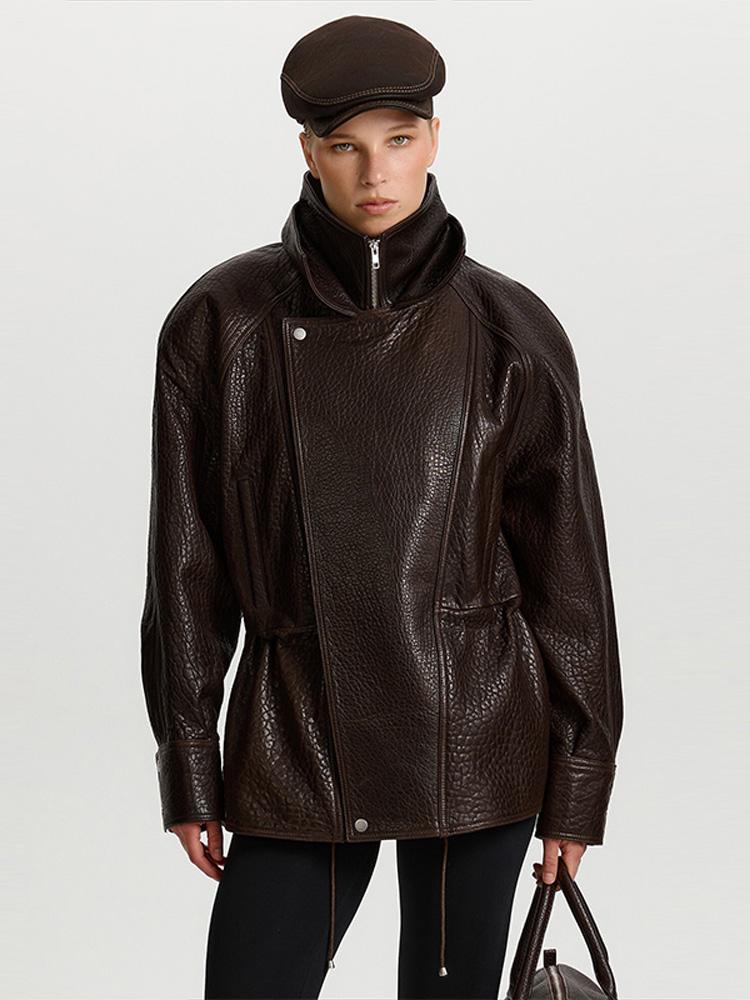 Ladies' Waist Cinched Lapel Leather Jacket Women's Brown Zipper Leather Jacket Windproof Jacket Fashion Style Autumn and Winter