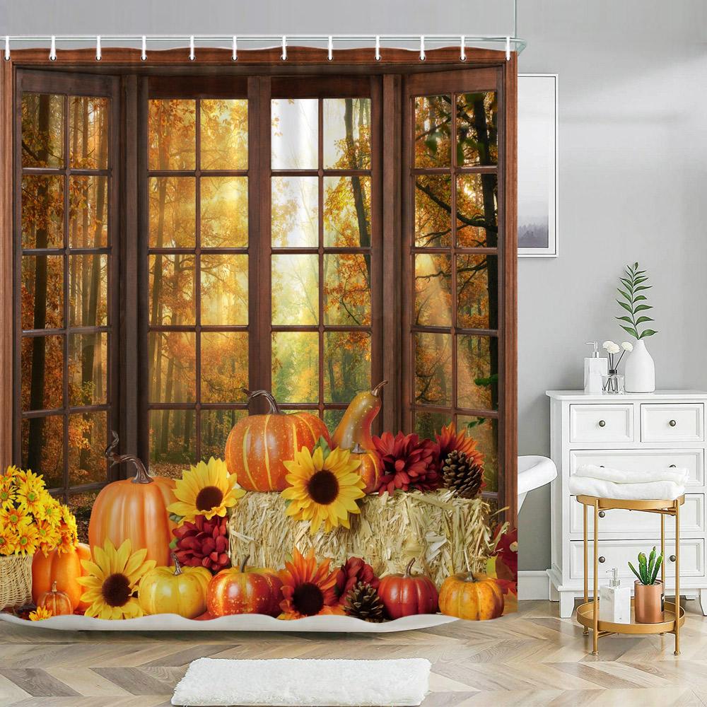 Watercolor Autumn Hanging Leaves Botanical Shower Curtain Fall Thanksgiving Bathroom Bathtubs Decor Easy Care Washable Durable