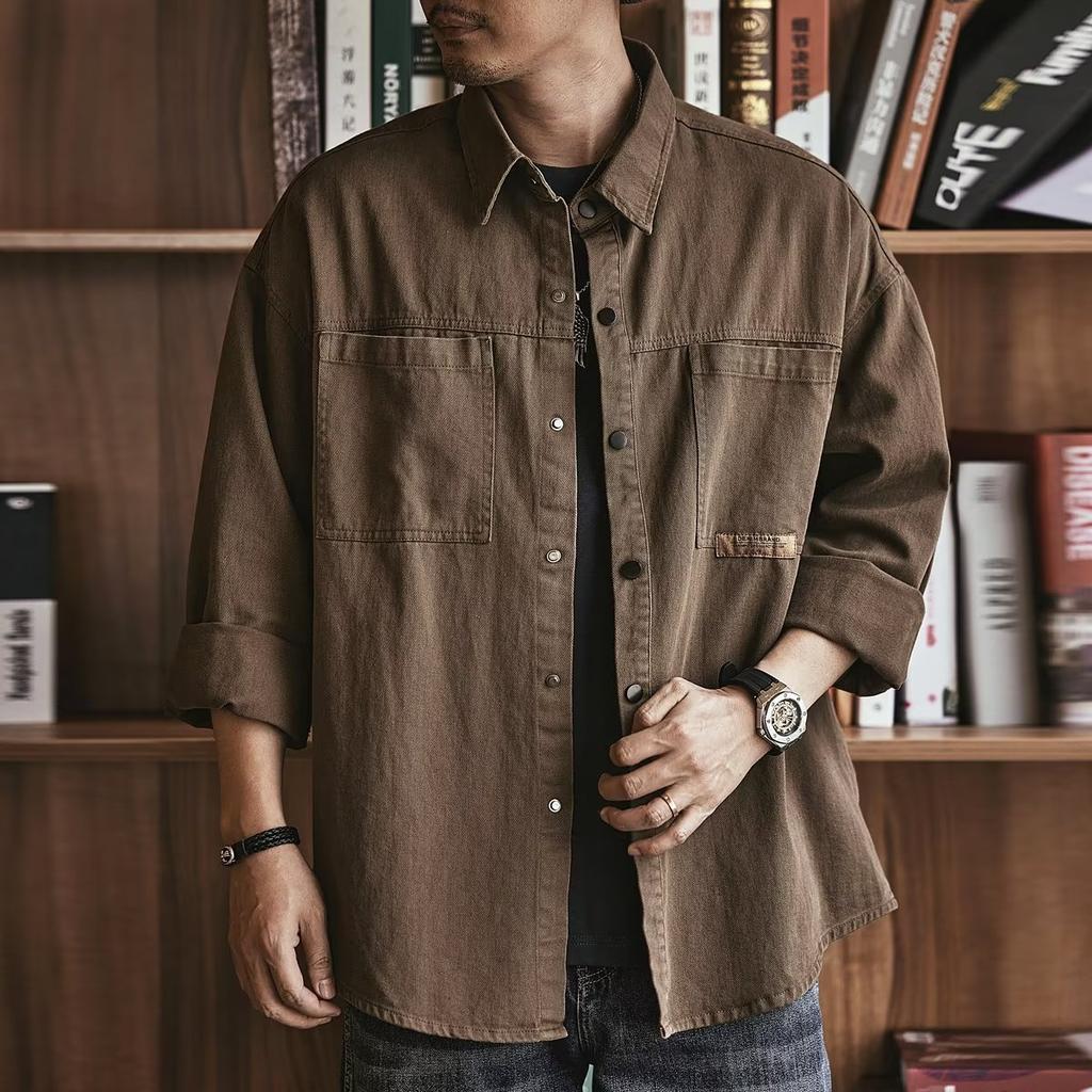 Men's tooling shirt jacket, spring and autumn style, plus size trendy brand casual top, solid color cardigan lapel jacket, men's oversized size