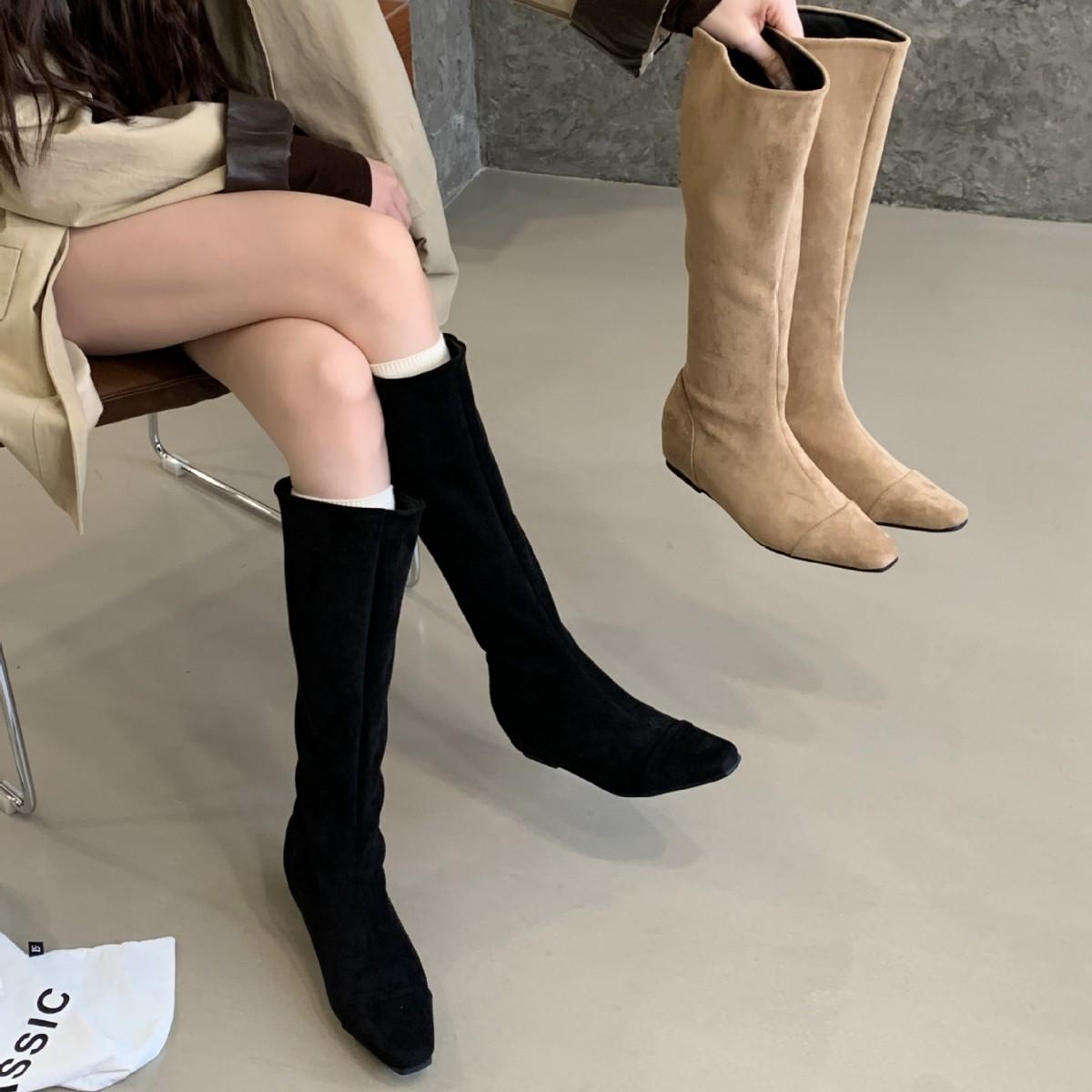 

2025 new autumn suede round head inner slope heel thin but knee knight tall women s boots 39 абрикосовый