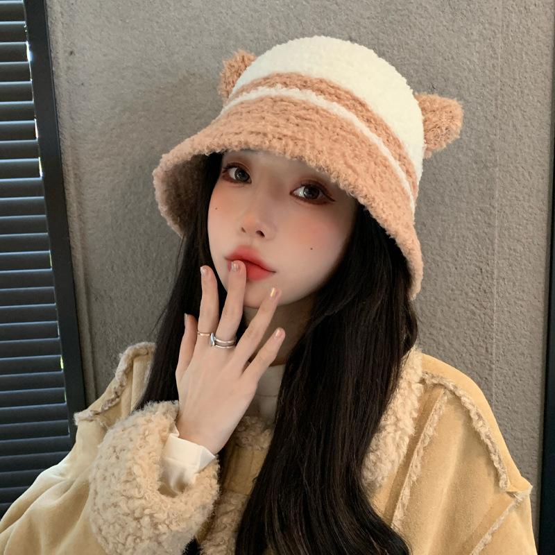 Korean New Autumn and Winter Hat for Women Cute Little Bear Two color Splicing Fisherman Hat In Winter Warmth To Show The Face Small Basin Hat Thick