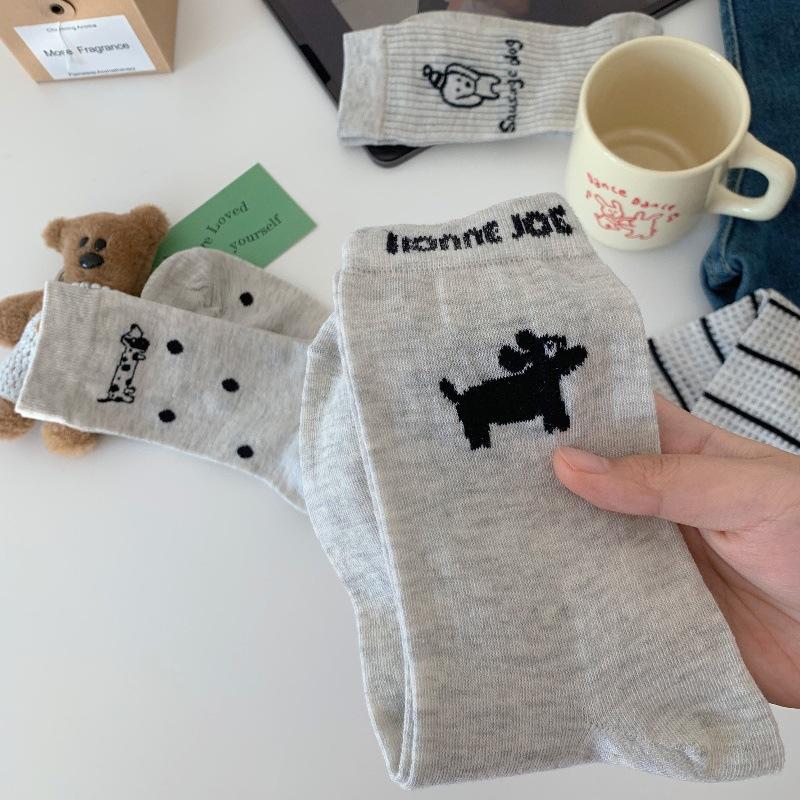 Puppy Socks Season Versatile Mid-Leg Socks Breathable Mesh Gray Cartoon Dog Girl Pile Socks