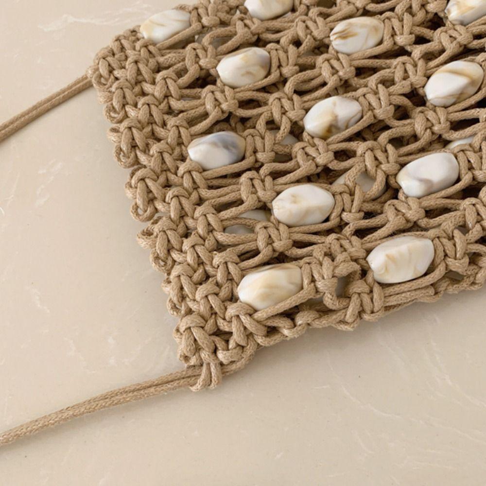 Cute Korean Style Beaded Woven Phone Bag Bohemian Wax Rope Hollow Out Shoulder Bag Handmade Vacation Style Beach Bag Outdoor