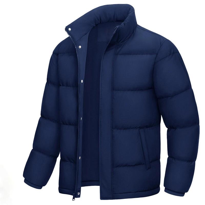 Mens Solid Thick Cotton Puffer Coat Winter Warm Casual Stand Collar Jacket