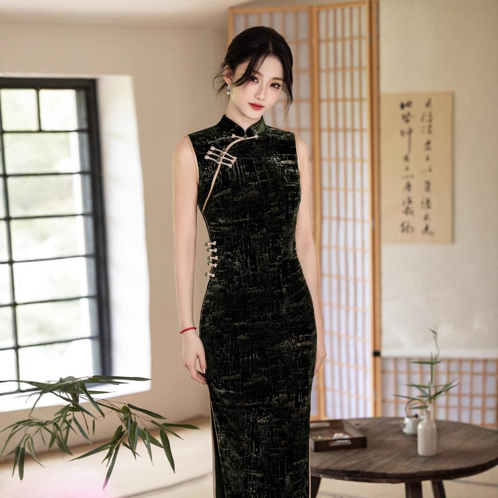 Green velvet bronzing sleeveless cheongsam 1011 early autumn new Chinese temperament retro slim daily dress women