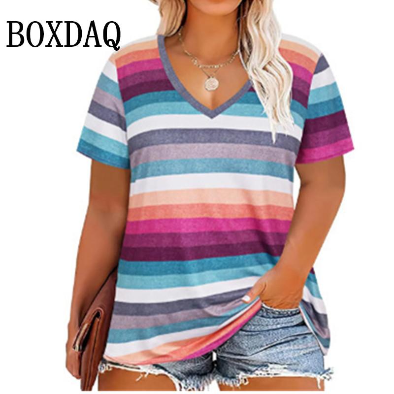 Summer Women Plus Size T Shirts Classic Black White Stripes V-Neck Short