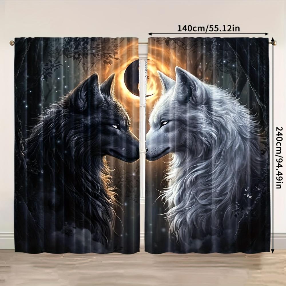 2pcs Thermal Insulating Blackout Curtains - Wolf Design Window Drapes with Dark Background, Light Blocking & Energy Efficient Wi