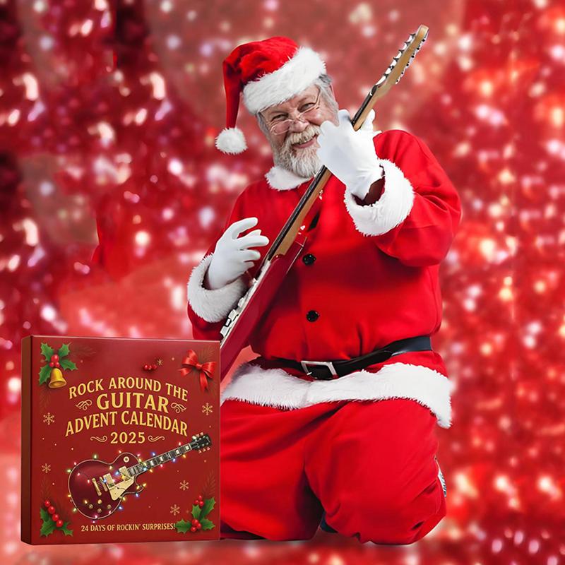 2025 Rock Around The Guitar Adventní kalendář, 24 dní Vánoční odpočítávací kalendář, s 24 mini kytarovými ozdobami