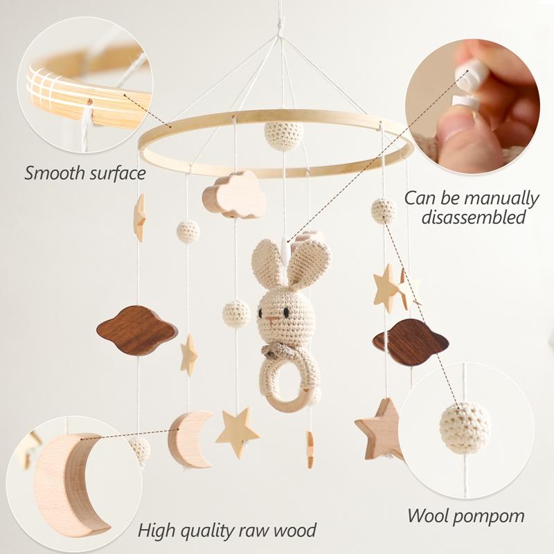 Baby Wooden Bed Bell Cartoon Rabbit Mobile Hanging Rattles Toy Hanger Crib Mobile Bed Bell Wood Toy Holder Arm Bracket Kid Gifts
