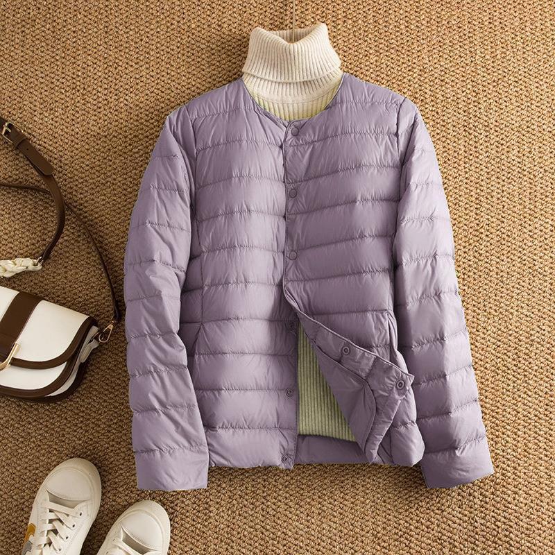 Womens Lightweight Packable Down Jacket No Collar Slim Fit Short Puffer Coat Winter