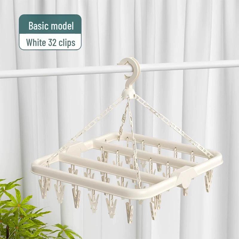 Windproof Folding Hanger with 32 Clips - Multifunctional Drying Rack for Socks and Clothes