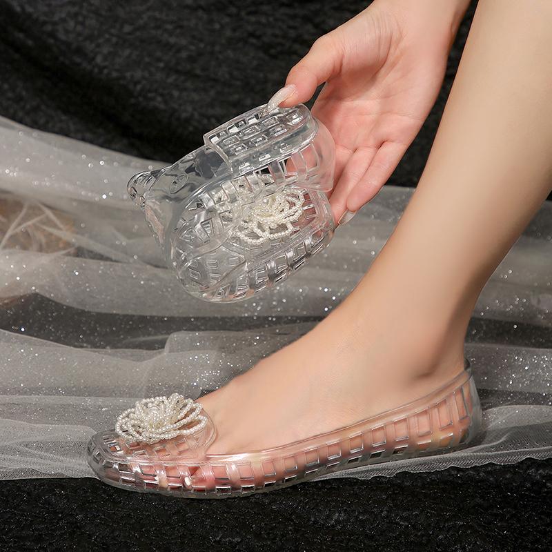 Fashion Jewel Flower PVC Sneakers for Women Summer Hollow Out Breathable Square Toe Flats Woman Comfort Soft Sole Non Slip Casual Shoes