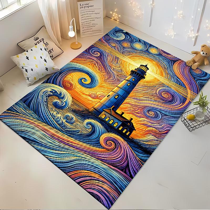Colorful Lighthouse and Swirling Waves Design Non-slip Rug Suitable for Living Room and Bedroom Sofas
