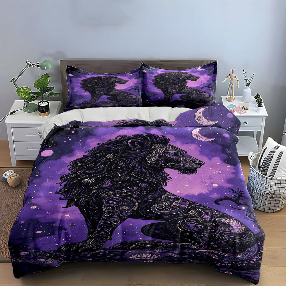 Mystical Purple Lion Design Bedding Duvet Cover Set Duvet Cover Pillowcases  (1*Duvet Cover 2*Pillowcases, Without Duvet Insert)