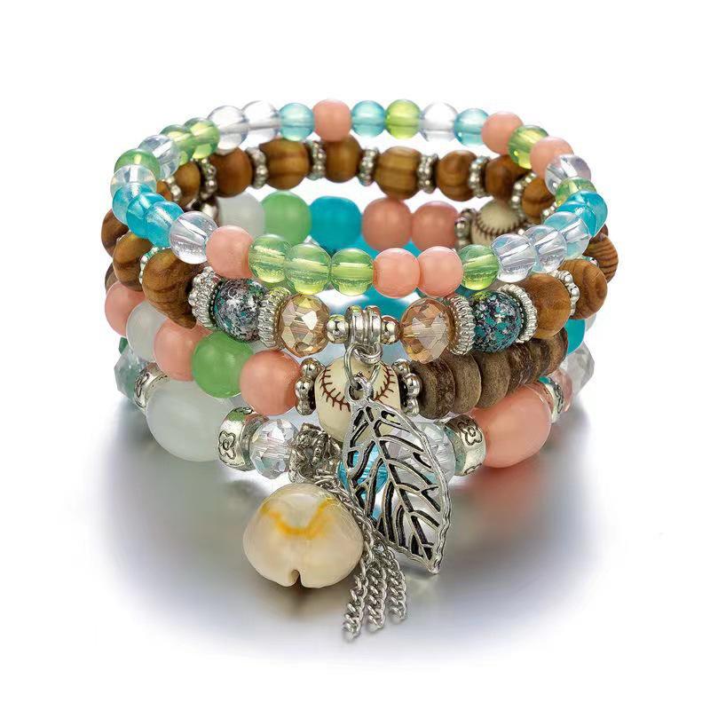 Bohemian Beaded Shell & Leaf Pendant Layered Bracelet Set