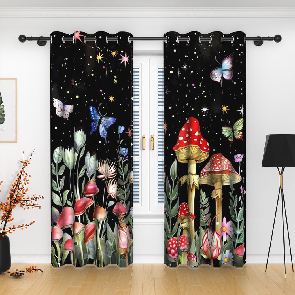 2pcs Funny Mushroom Window Curtains Forest Plants Butterfly Flowers Bedroom Blackout Curtains Black Theme Curtains Living Room