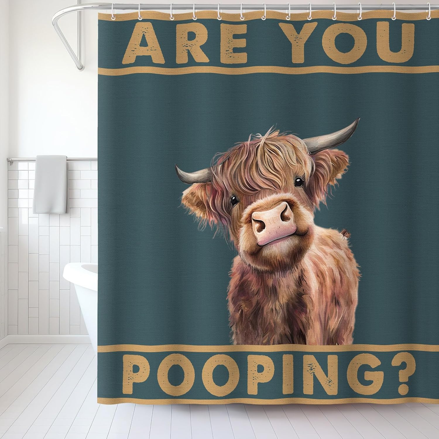 Pandara Jewelry Vintage Highland Cow Shower Curtain Are You Pooping? Funny Cattle Western Country Farmhouse Bathroom Curtain With
