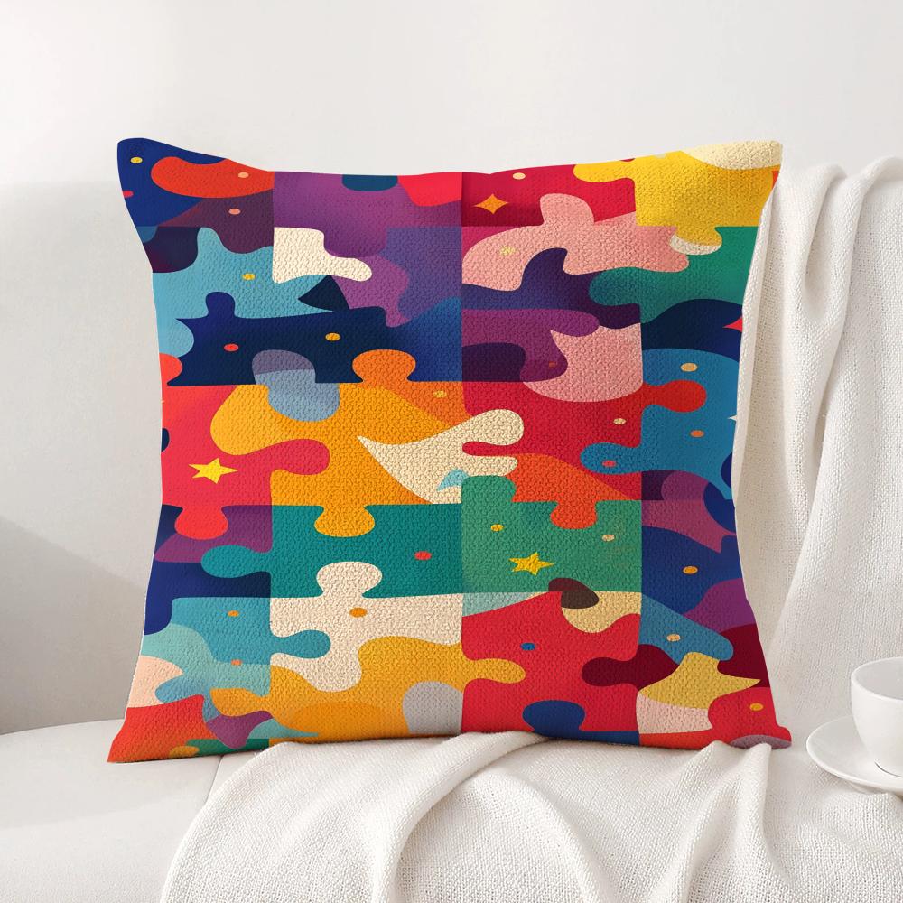 Fun Puzzle Patterns Cushion Cover Natural Linen Organic Fabric DoubleSided Printing Sofa Home Decor Gift Pillow Cover