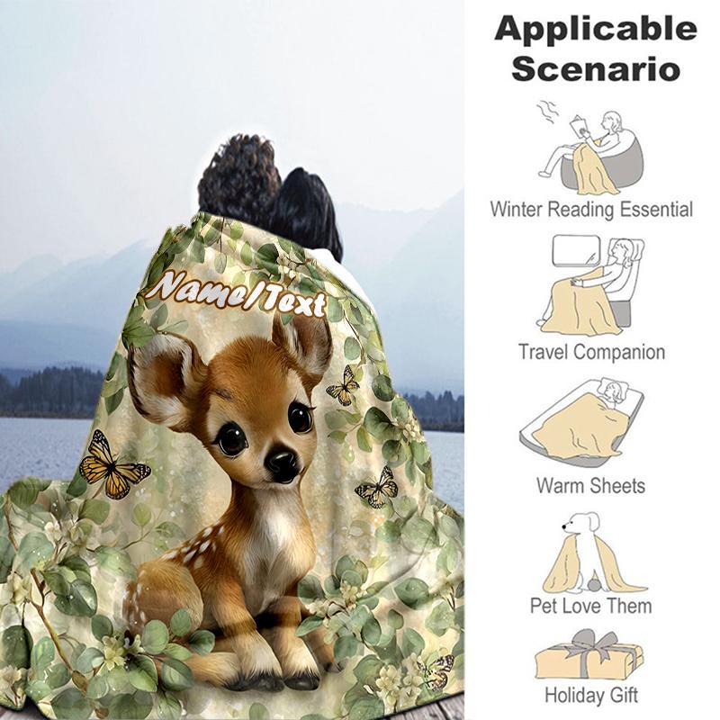 1PC Custom Name Baby Deer Nature Outdooor Flannel Blankets Throw Blanket All-Season Throw Gift Bedspread for Couch, Bed, Camping Holiday Birthday Gift