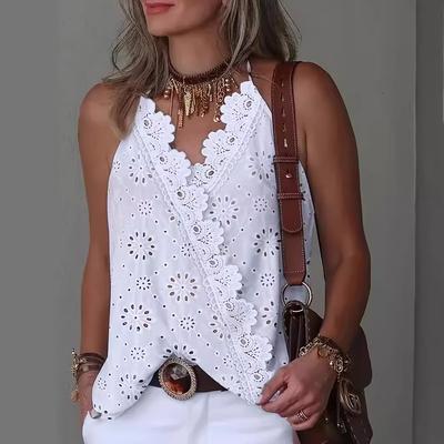 Summer Women V Neck Fashion Eyelet Embroidery Casual Plain Sleeveless Lace Patch Halter Daily Wear Wrap Clothes Women's