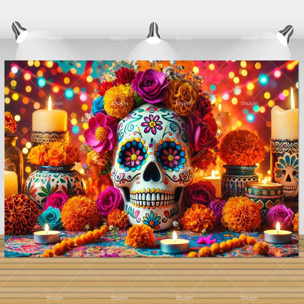 Day Of The Dead Photography Backdrop Skull Marigold Mexican Fiesta Día De Los Muertos Decoration Party Supply Photo Studio Props