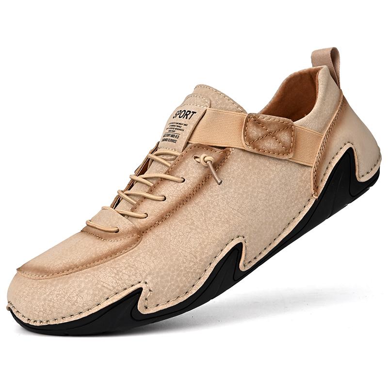 Spring Newest Leather Men Casual Shoes Hand Made Flats Sneakers Men No-Tie Elastic Laces Soft Moccasins Footwear Plus Size 38-48
