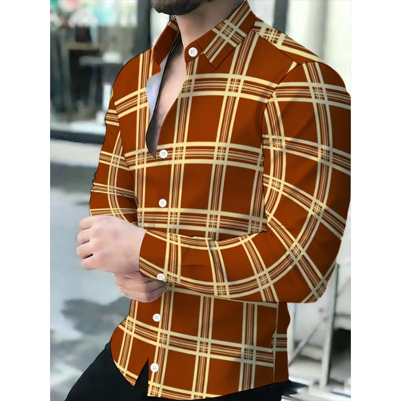 Men's Dress Shirt, Khaki Brown Checkered, Business Casual Long Sleeve Collar
