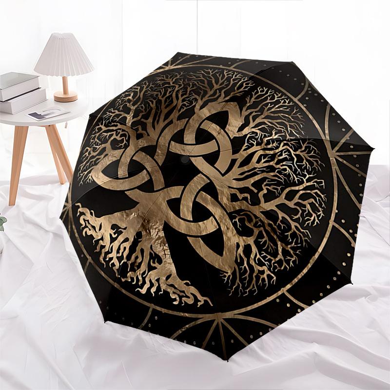 Celtic Knot Tree of Life Themed Automatic Opening and Closing Umbrella, Brightly Colored 8-rib Portable Umbrella, Suitable for Men and Women