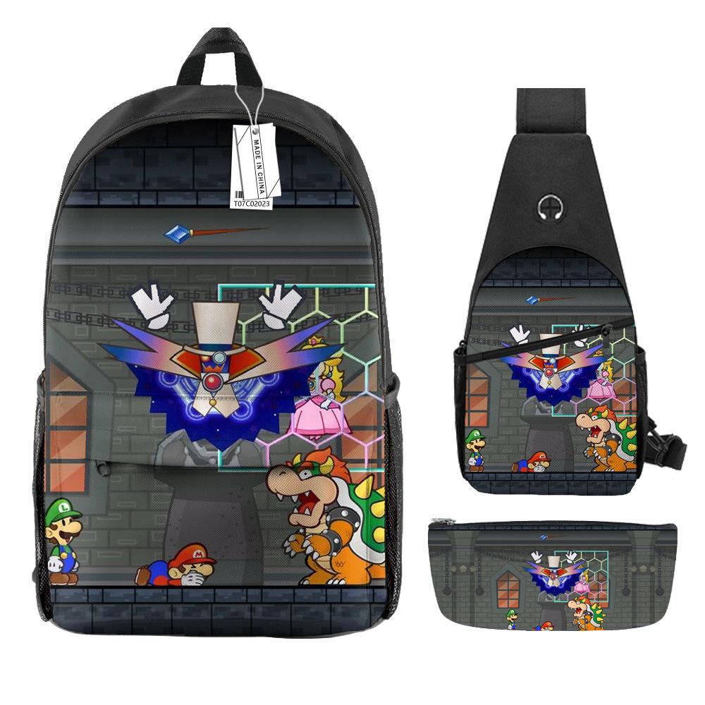 Animation Backpack, Super Mary Primary School Student Print Children'S Backpack Satchel Pencil Case Three-Piece Set