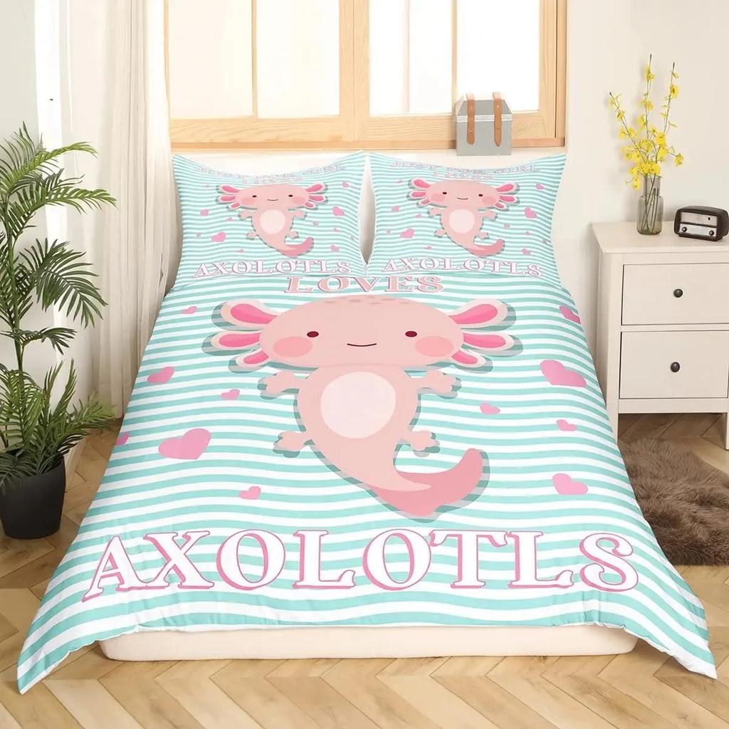 Cute Axolotl Bedding Set for Boys Girls Kawaii Reptiles Animal Comforter Cover Twin King Size Sea Wildlife Axolotl Duvet Cover