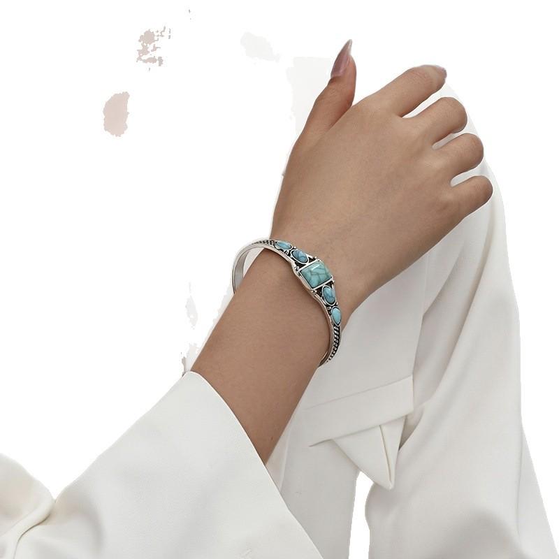 Bohemian Retro Turquoise Carved Geometric Open Bangle Bracelet