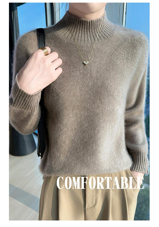 Women's Thick Wool Knit Sweater - Ribbed Half-High Neck, Long Sleeve, Loose Fit, Versatile Style.