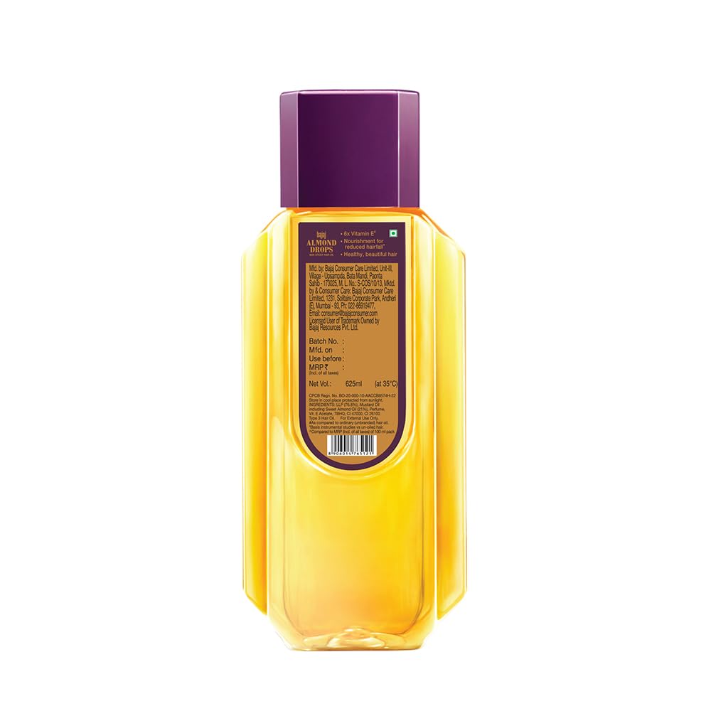 BAJAJ Almond Drops Hair Oil 625ml 6X Vitamin E Nourishment Non-Sticky Hair Oil For Hair Fall Control