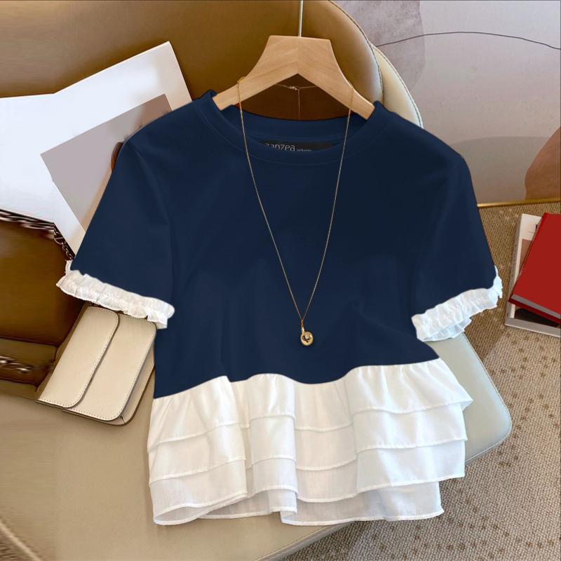 

ZANZEA Женская повседневная летняя блузка с круглым вырезом и коротким рукавом 5XL тёмно-синий