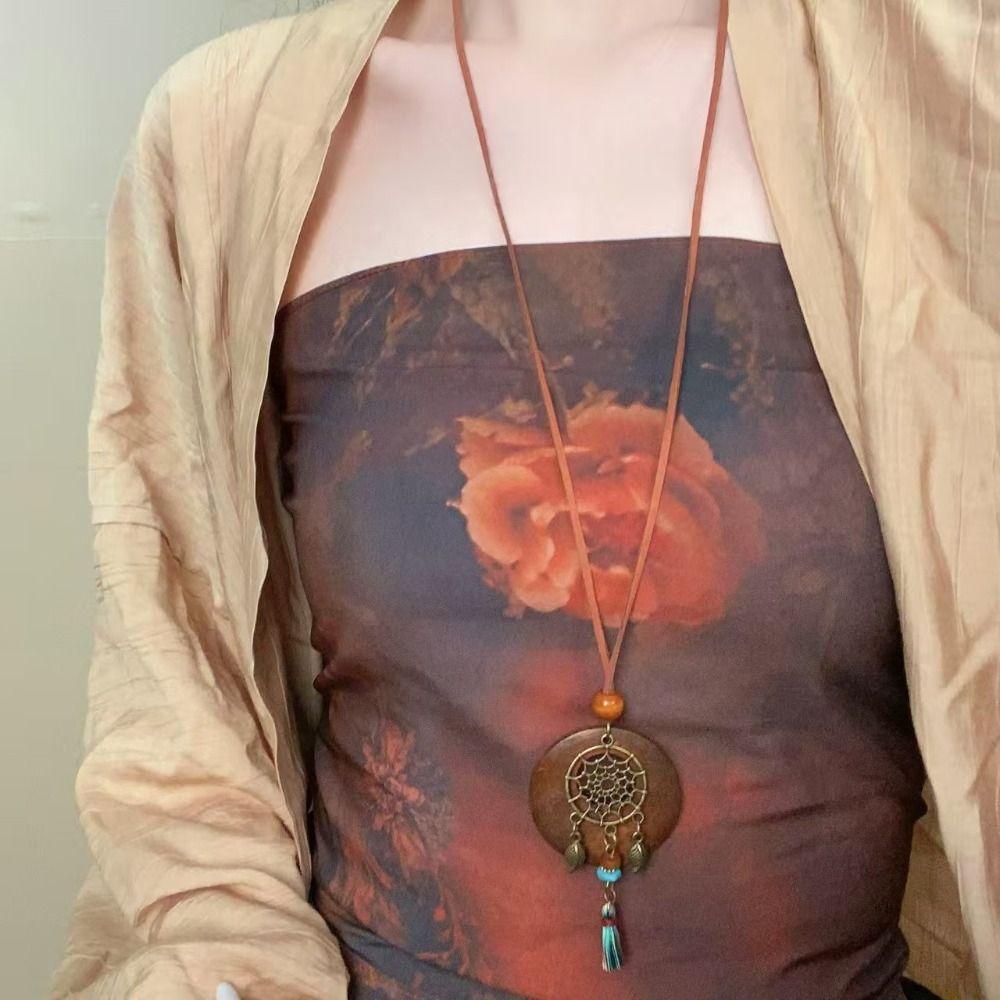 Round Sweater Chain Wooden Necklace Female Jewelry Vintage Leather Lanyard